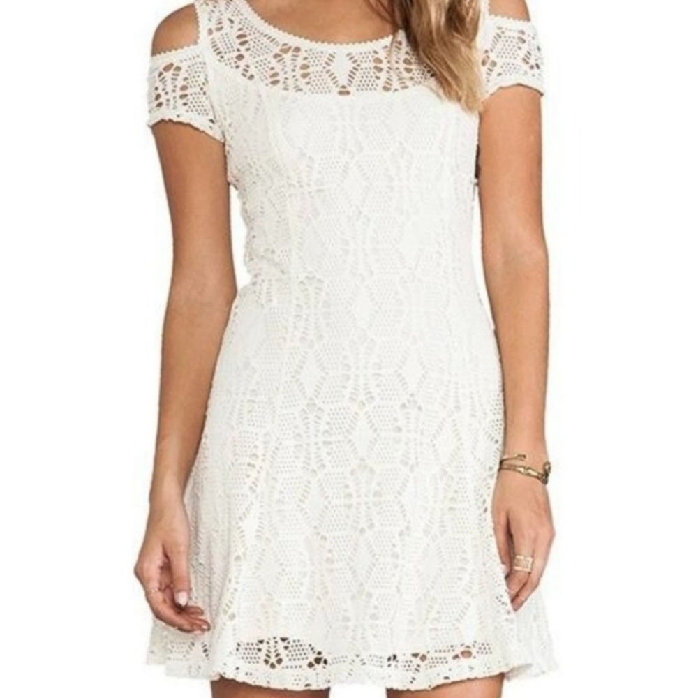 Free People Kiss The Sun Cold Shoulder Open Knit Dress Ivory/ Cream S